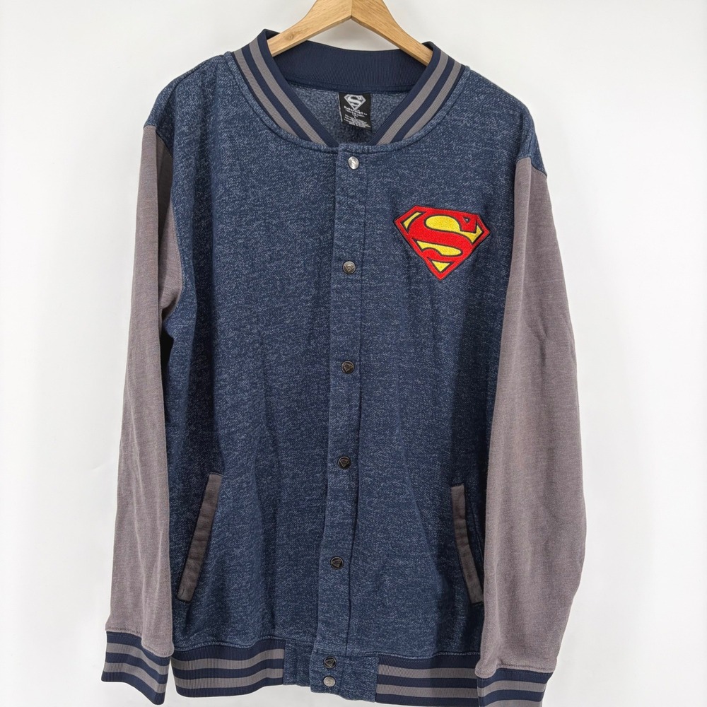 Superman DC Comics Mens Blue Grey Varsity Bomber Jacket Logo Snaps‎ Large L